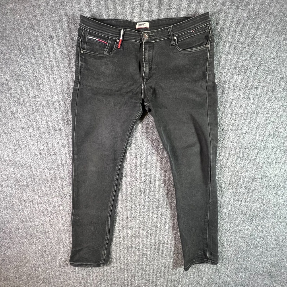 Vintage Tommy Skinny Jeans Men's 38x34 Black Cotton Denim Workwear Whiskers